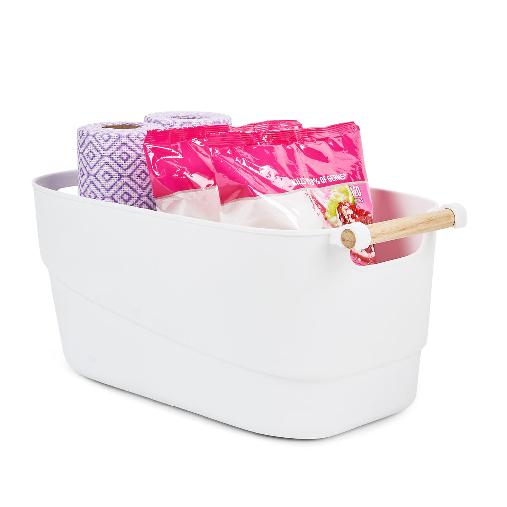 Laundry Storage Tub w/ Wooden Handle White Large